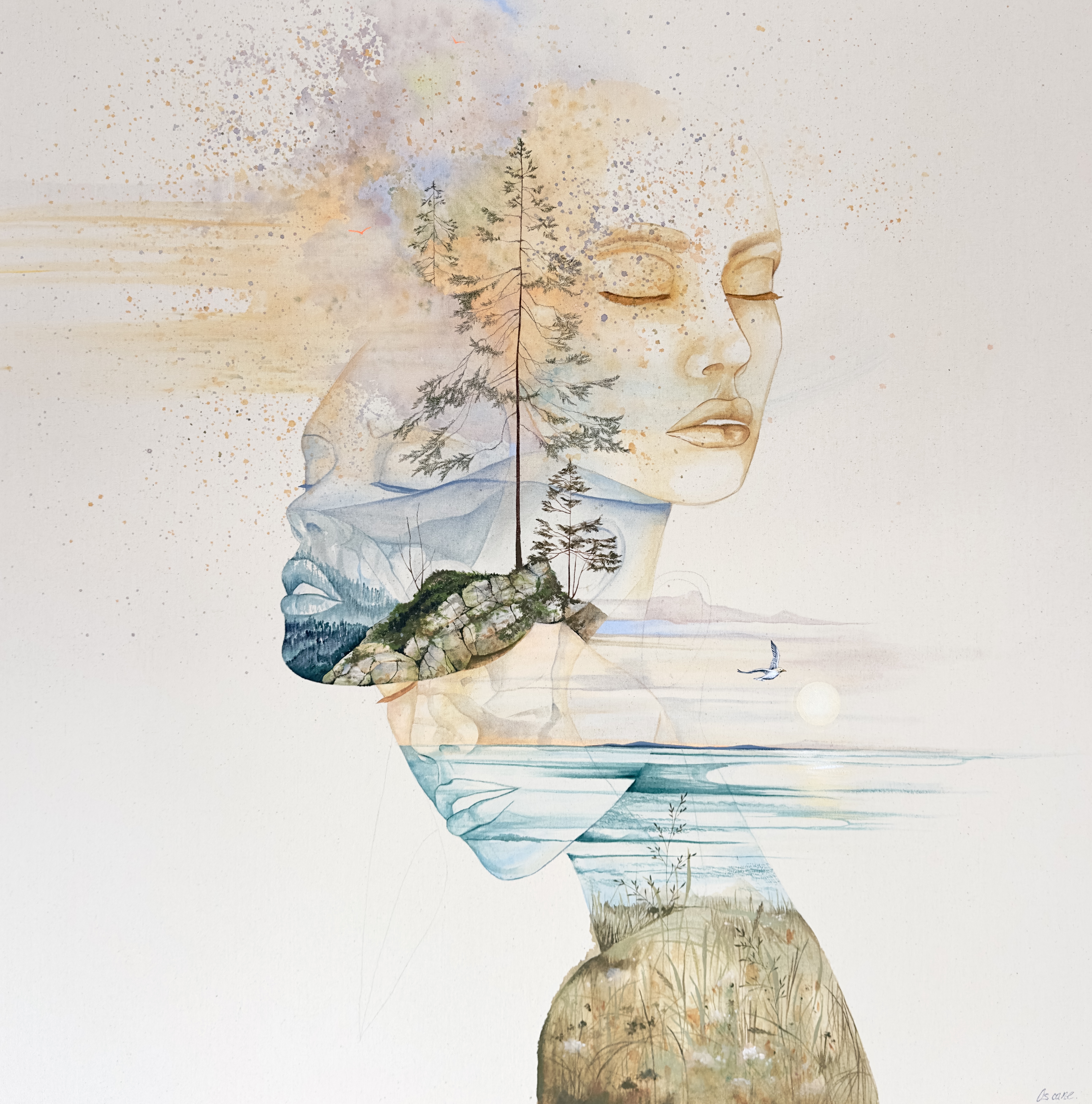 Illustration artistique combinant un profil humain avec des éléments de paysage - arbres, rochers et bord de mer — intégrés en transparence dans la composition.