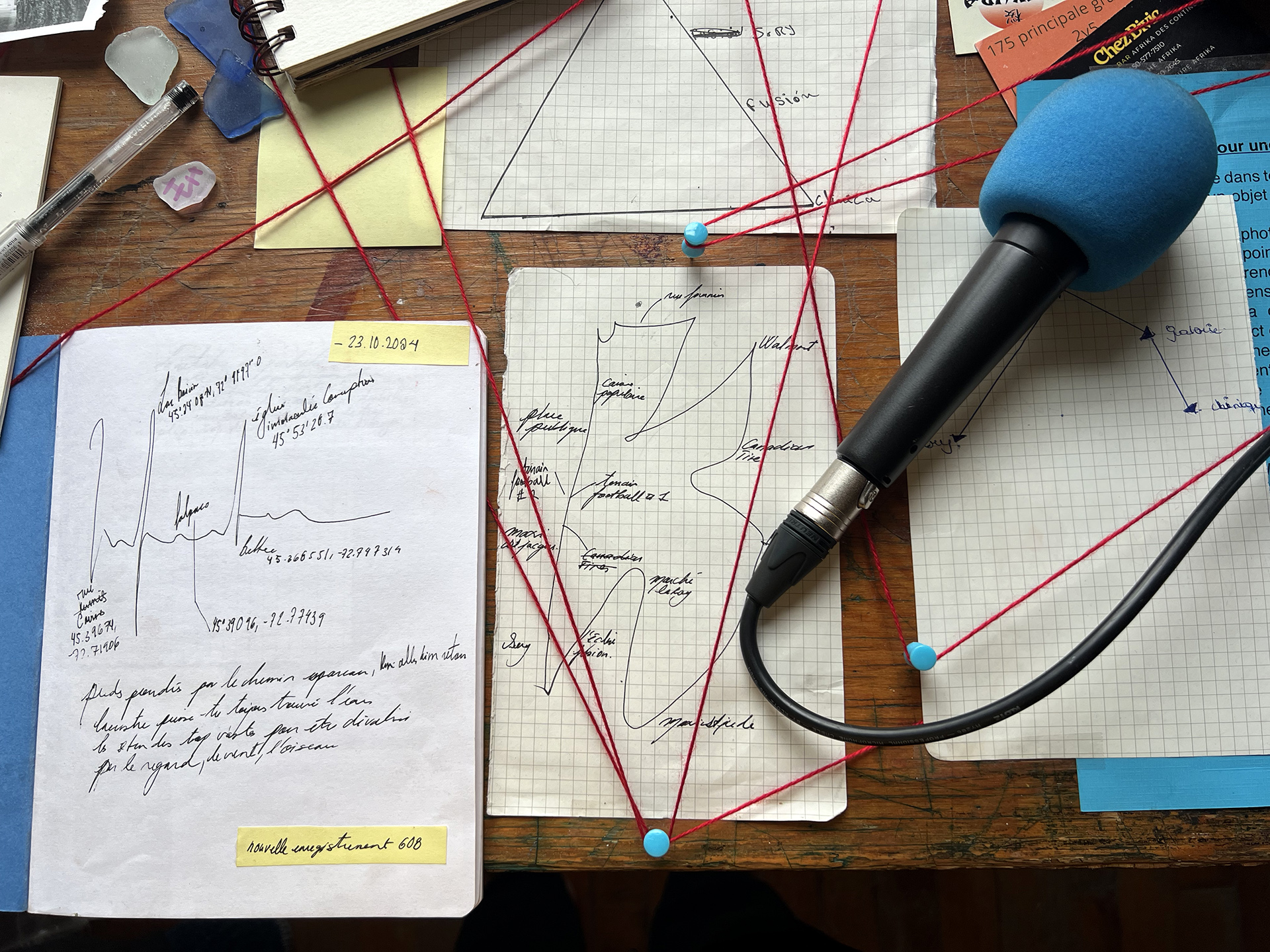 dada-performance-atelier.jpg Carnets ouverts avec notes manuscrites, feuilles quadrillées, fils rouges reliant des points et un microphone sur un bureau de travail.