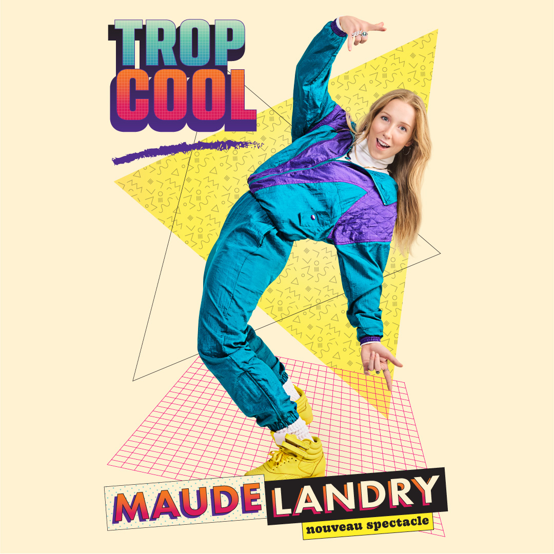 maude-landry-trop-cool.jpg Affiche colorée du spectacle Trop Cool montrant une personne en habit rétro turquoise et violet, en pose dynamique.