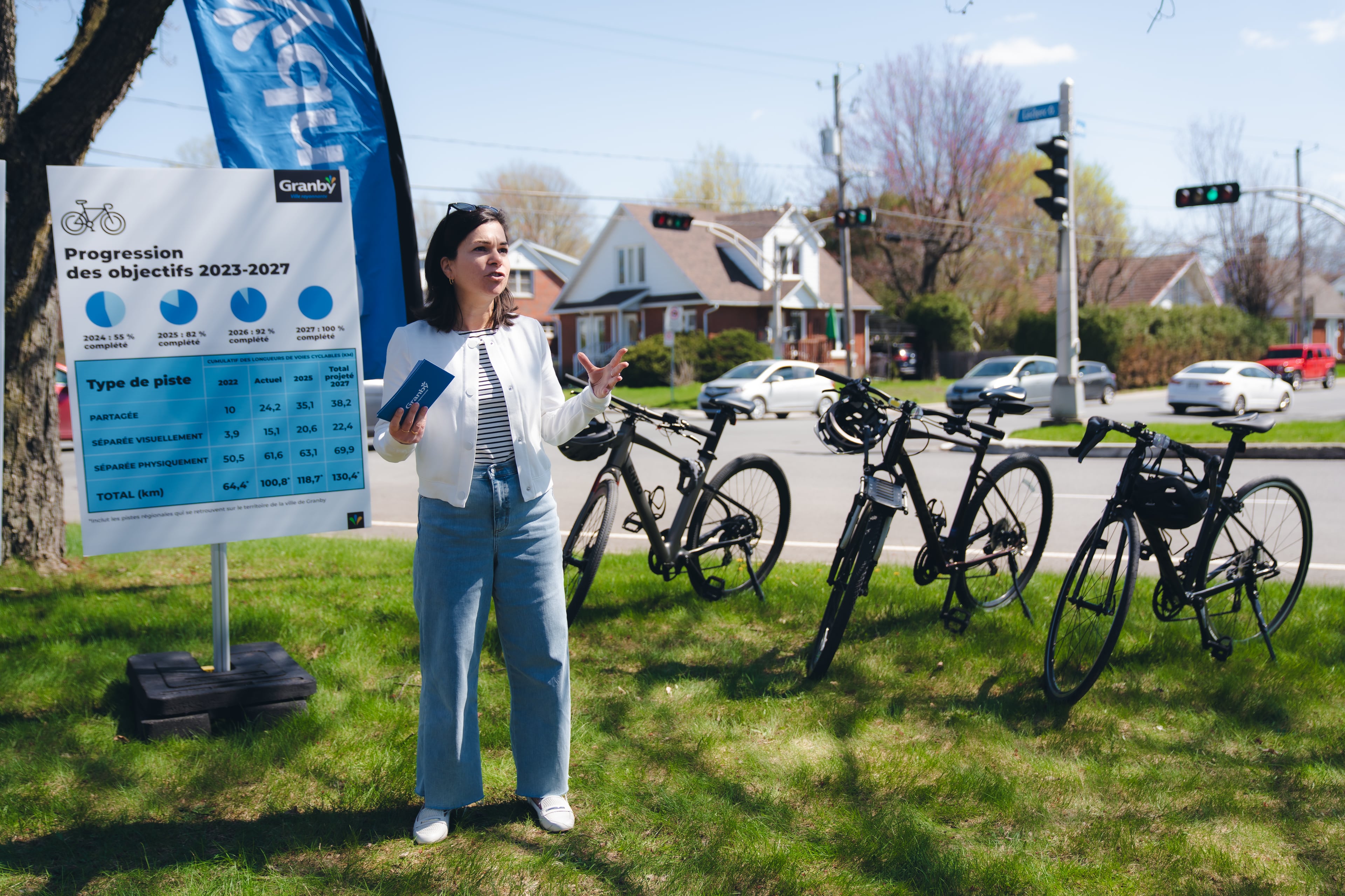 Julie Bourdon mairesse de Granby, tenant des documents et parlant devant un panneau indiquant la progression des objectifs cyclables 2023-2027 à Granby.